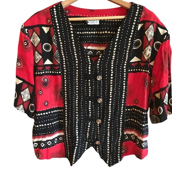 Stacey Michaels Bohemian Blouse: 80s Red Black Geometric Print Tunic, Size 20W - Picture 3 of 9